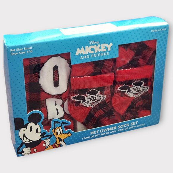 Disney Mickey Mouse Pet Owner Sock Pair Gift Set Red Buffalo Check - Picture 1 of 5